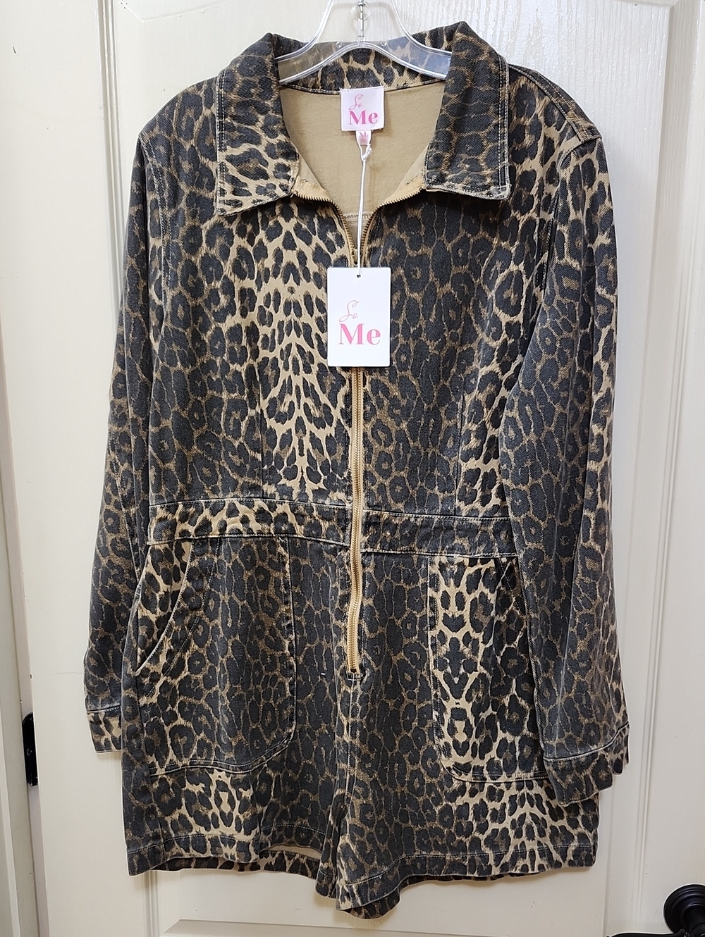 "So Me" Leopard Zip-Up Denim Romper